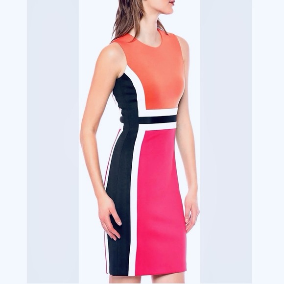 Calvin Klein Coral Pink Color Block Scuba Stretch Sleeveless Sheath Dress Size 2 - Picture 1 of 8